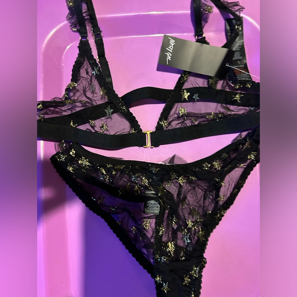 Mesh glitter black and gold star ruffle lingerie set Nasty Gal